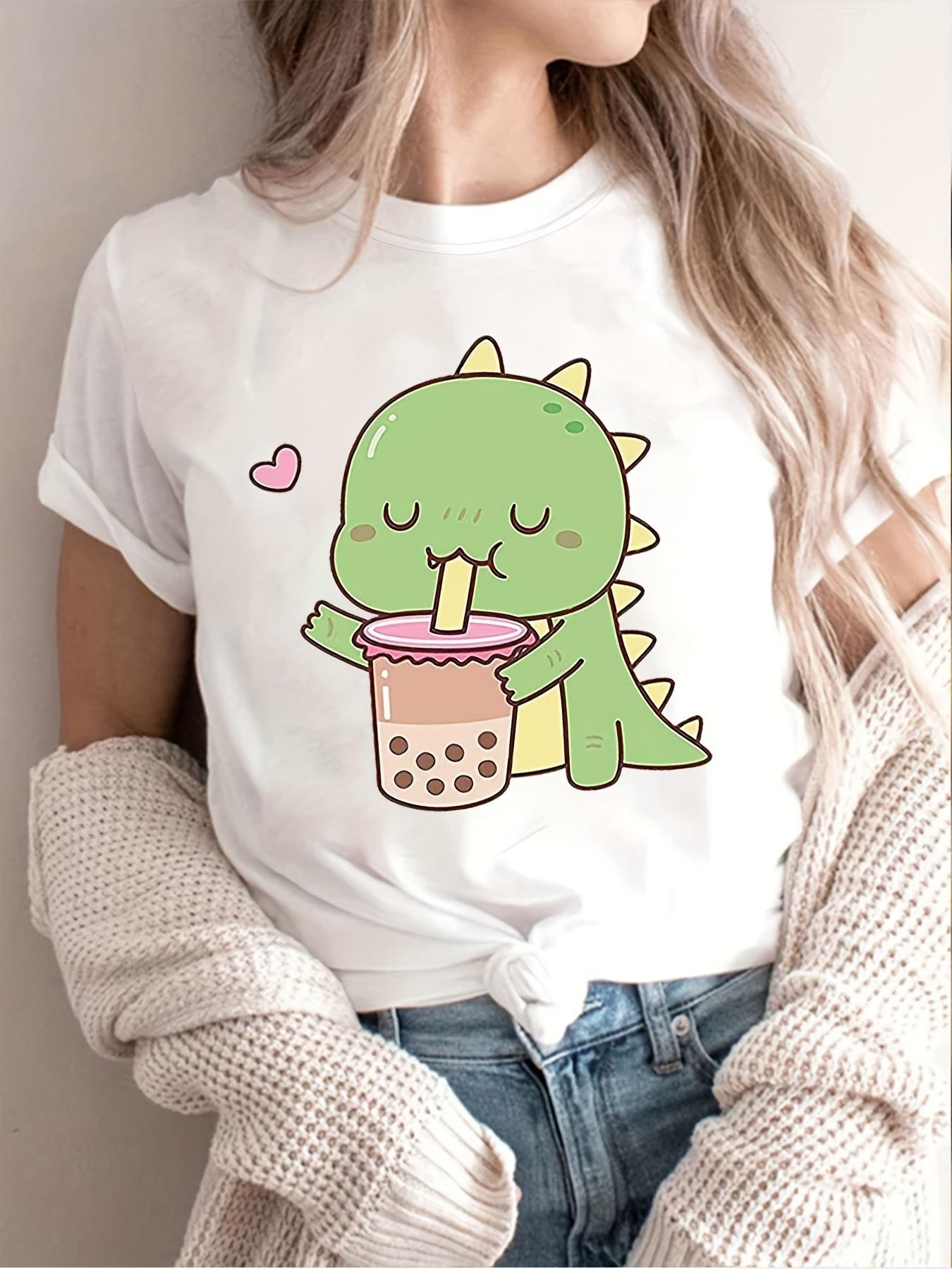 

Cute Little Dinosaur Print Crew Neck Short Sleeve Casual Tshirt Womens Clothing Womens Harajuku Short Sleeve Casual Aesthetic S