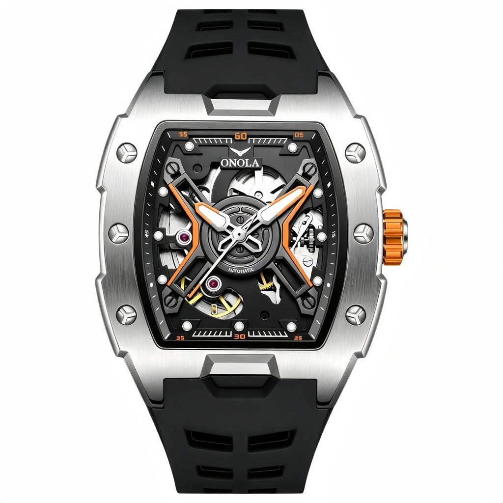 Luminous Skeleton Self Winding Mechanical Watches for Men Tonneau Shape Waterproof Sports Watch Rubber Strap