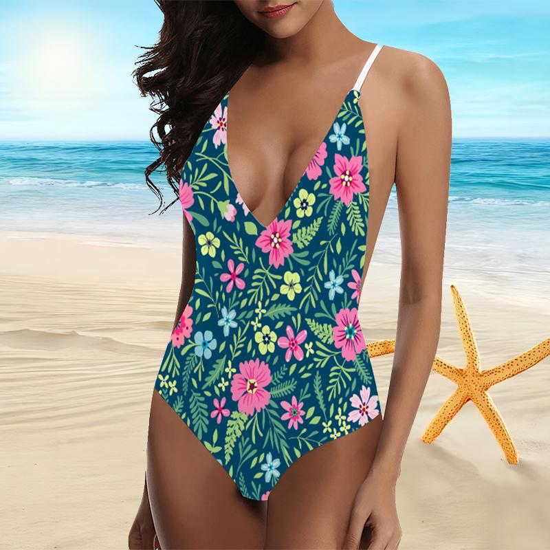 

Hot Selling and Popular Women s Fashionable Flower Leaf Printed Camisole with Backless Swimsuit XS білий