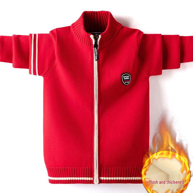 Boys' & Girls' Zip-Up Baseball Jacket, Fleece-Lined Knitted Cardigan for Kids, Spring/Autumn Style