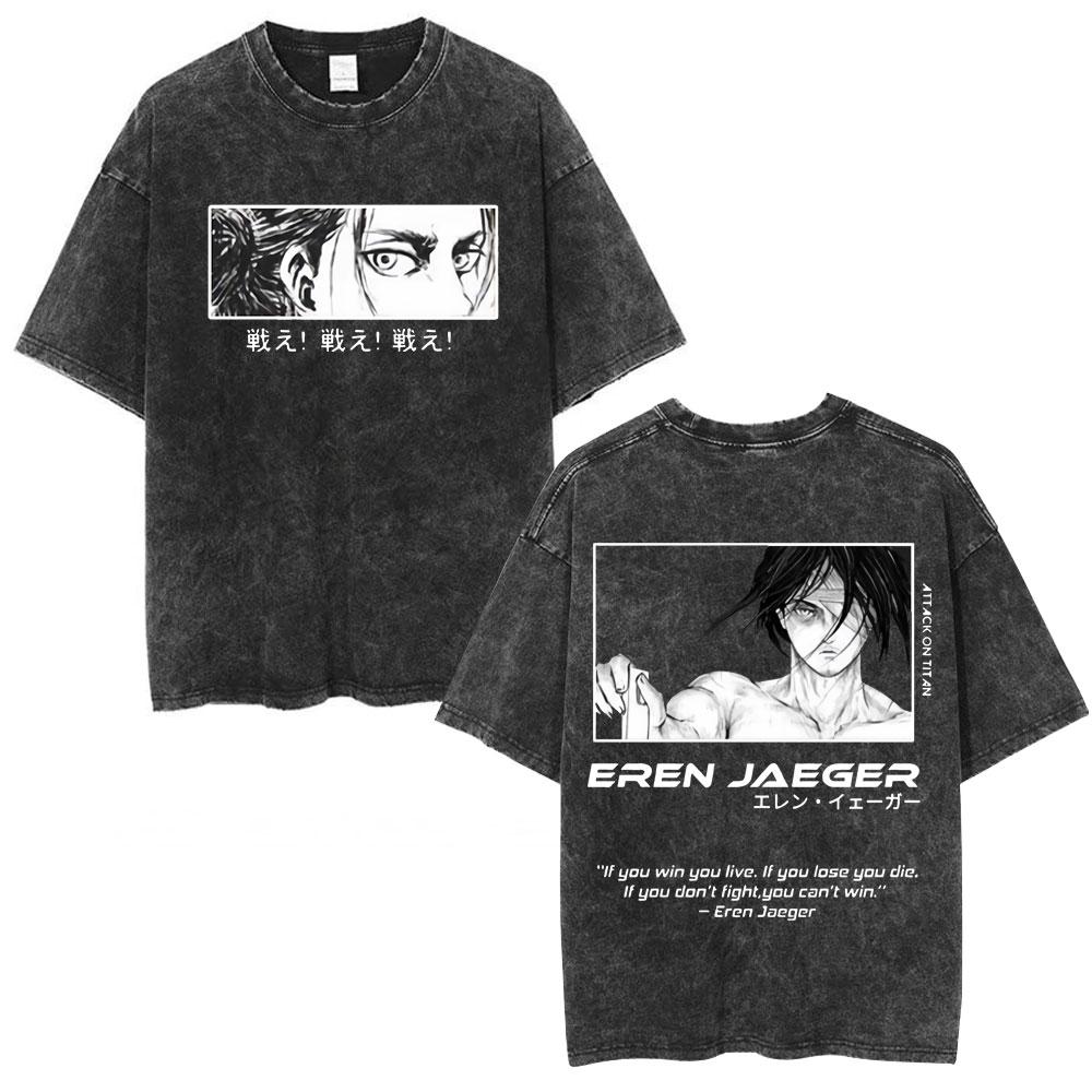 Anime Attack on Titan Washed T Shirt Men Cotton Casual Short Sleeve T-shirt Manga Levi Ackerman Oversized T-shirts Streetwear