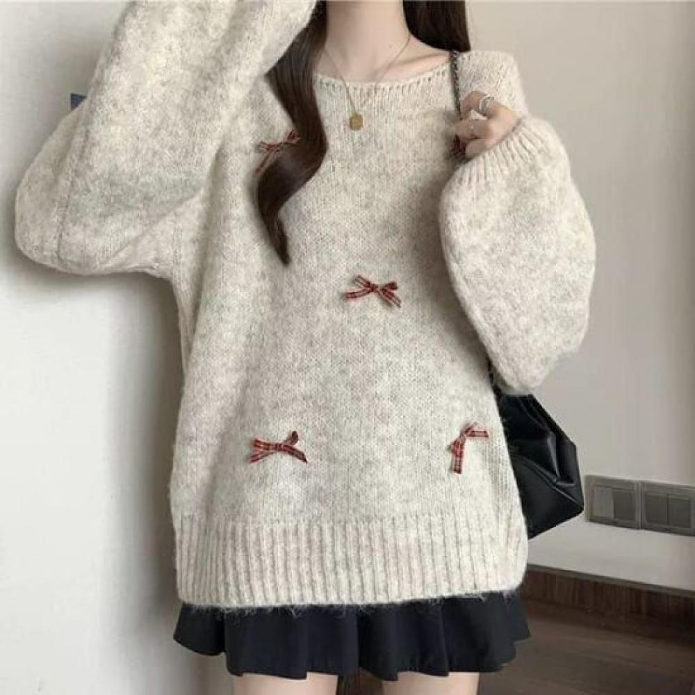 Navava Soft Loose Fit Ribbon Point Round Neck Long Sleeve Knit Sweater Nk3410