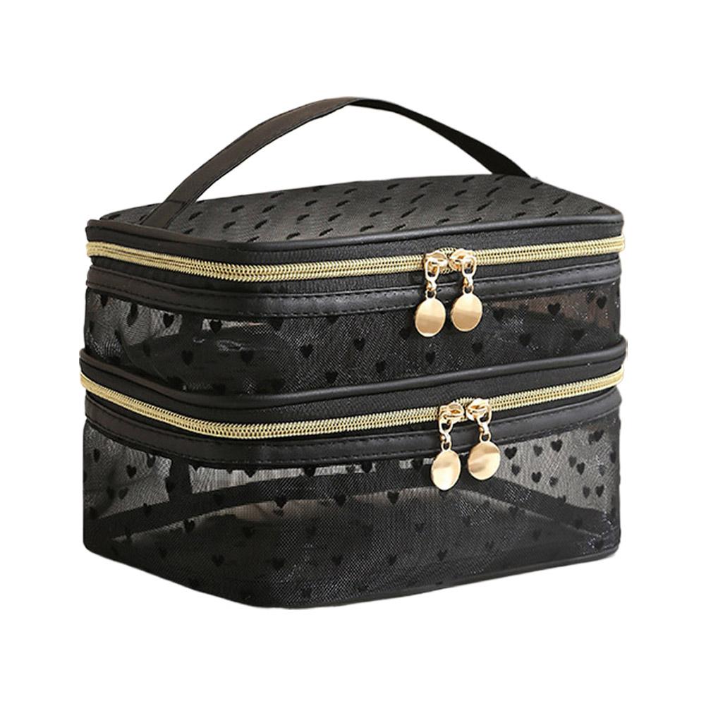 Double-Layers Black Mesh Cosmetic Bag Travel Portable Large-Capacity Makeup Case Organizer Storage Pouch Zipper Toiletry Bags