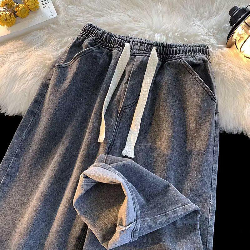 Men's Wear-Resistant Loose Fit Elastic Waist Straight-Leg Work Jeans with Drawstring for Construction Sites