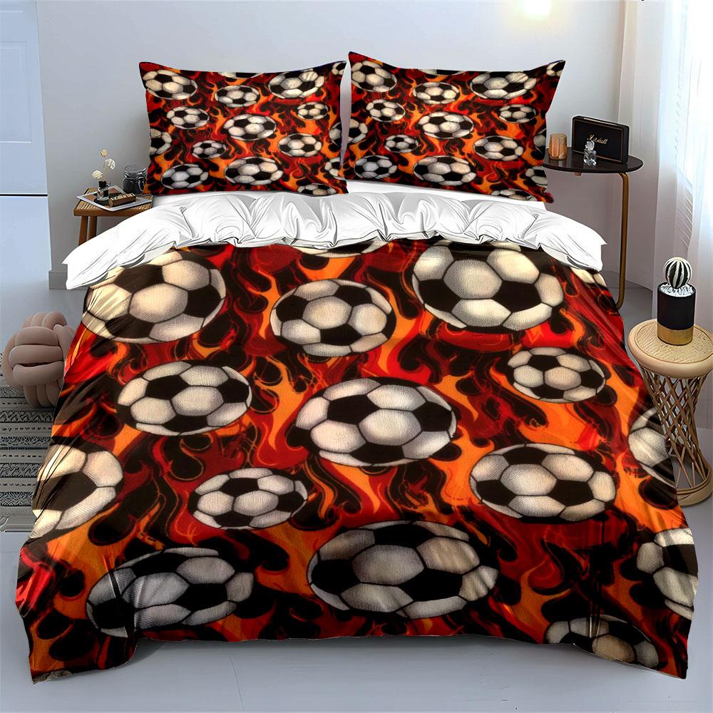 Fiery Soccer Ball With Flame Pattern 3Pcs Bedding Set Soft Microfiber Bedding Set For Sports Lovers Teen Bedroom