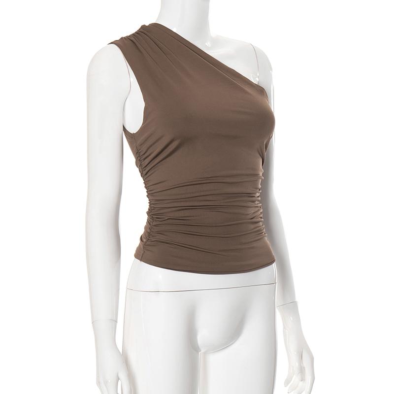 Solid Color One Shoulder Backless Shrink Tank Top T-Shirt Candy Color Tight Sexy Sleeveless Neckless Slim Casaul Top
