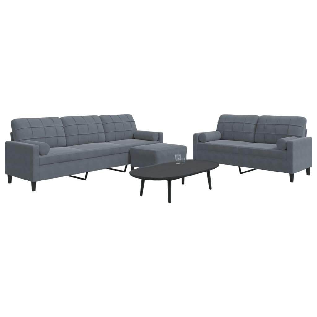3 Piece Sofa Set with Cushions and Neck Rolls Dark Grey Velvet