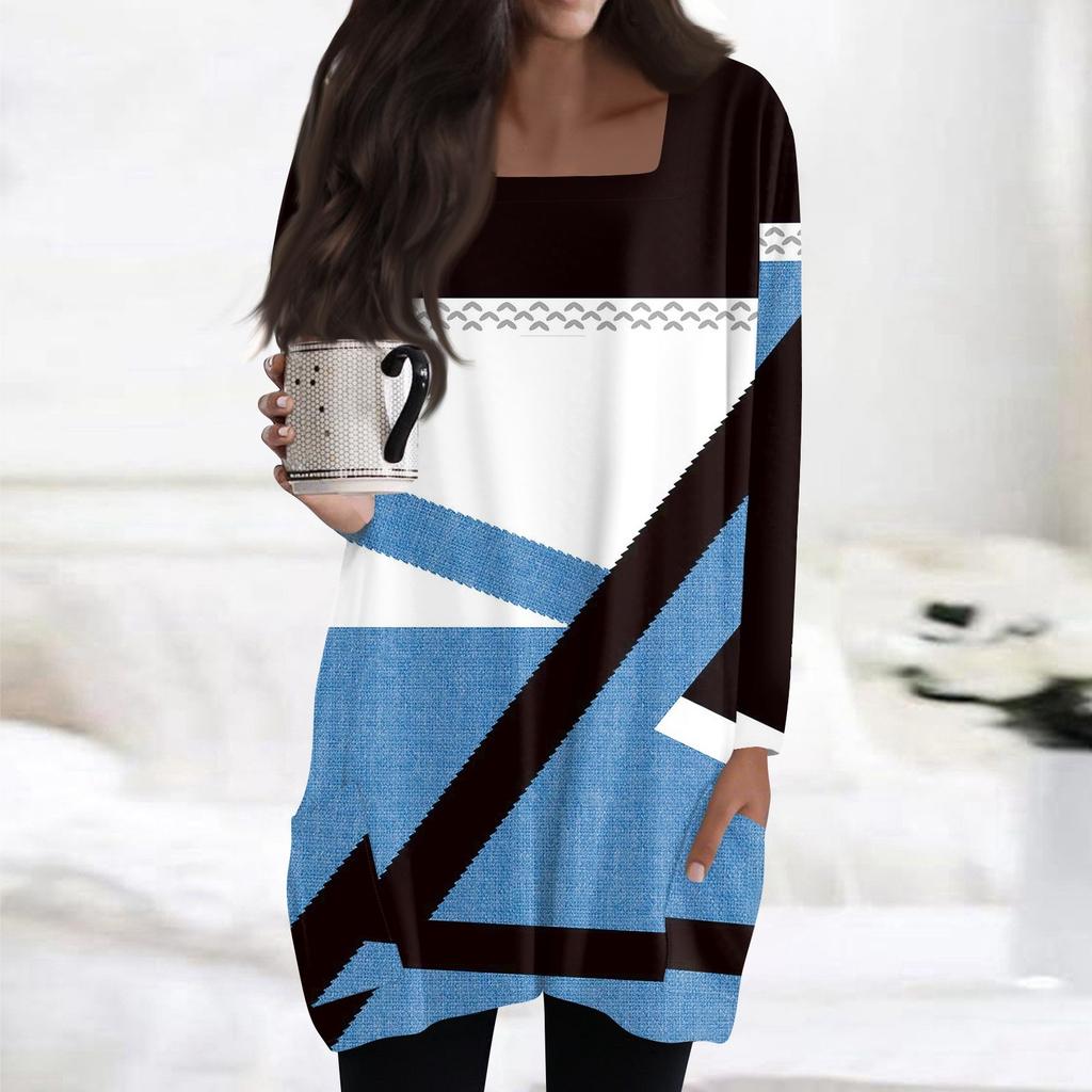 Womens Tops Square Collar Long Sleeve Blouses Casual Mid-length Shirts Fashion Print Tunic Tops With Pockets