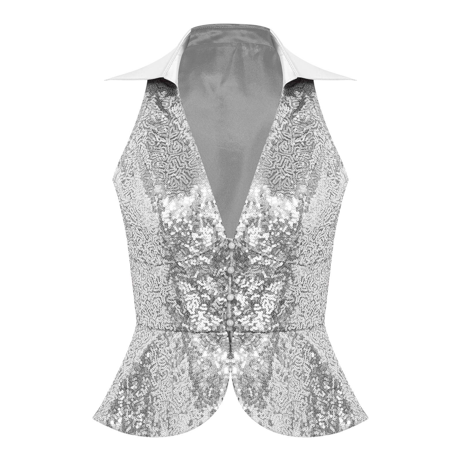 

Жіночий стильний однотонний жилет з лацканами, без рукавів, з блискучими паєтками, вечірній топ, клубне вбрання XXL срібний