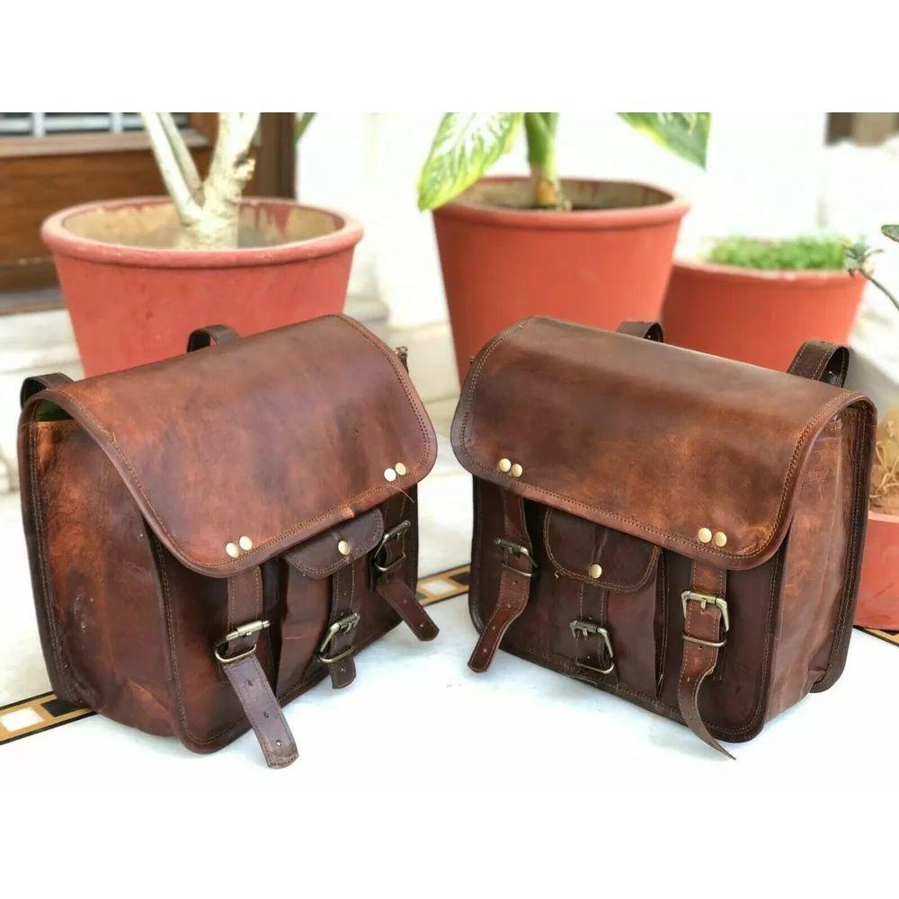 Motorcycle Saddlebags Pouch Brown Leather Two Side Saddle Panniers 2 Bags