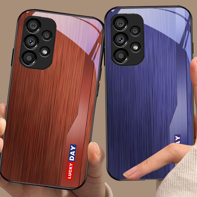 Wood Grain Striped For Samsung Galaxy S 8 9 10 20 Plus 21 FE 22 23 24 Ultra S7 Edge Black Tempered Glass Phone Case Hard Shell