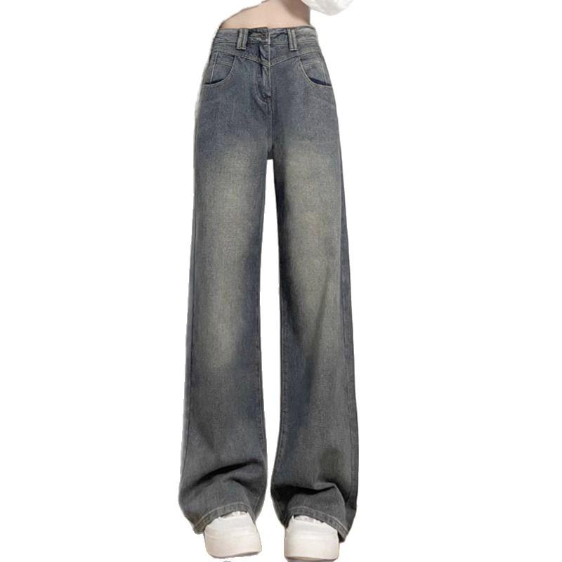 Women's Retro Wide-Leg Velvet High-Waisted Jeans - Plus Size, Autumn/Winter, Slimming Wheat Ear Straight-Leg, Floor-Length Pants.