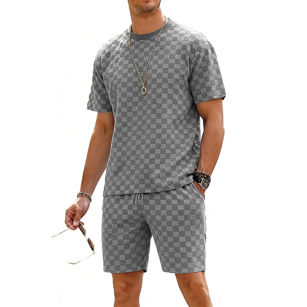 Men's Round Neck Checkered Casual Short Sleeve Drawstring Shorts Set