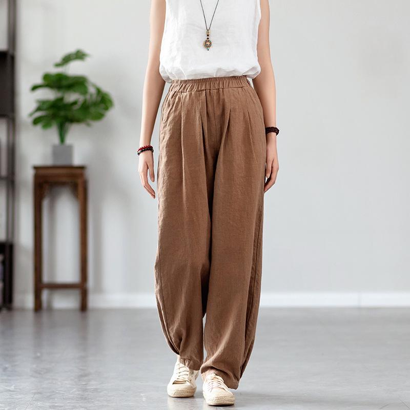 Women's Autumn/Winter Cotton Linen Sand Wash Loose Long Pants with Fleece Lining - Slimming Lantern Style
