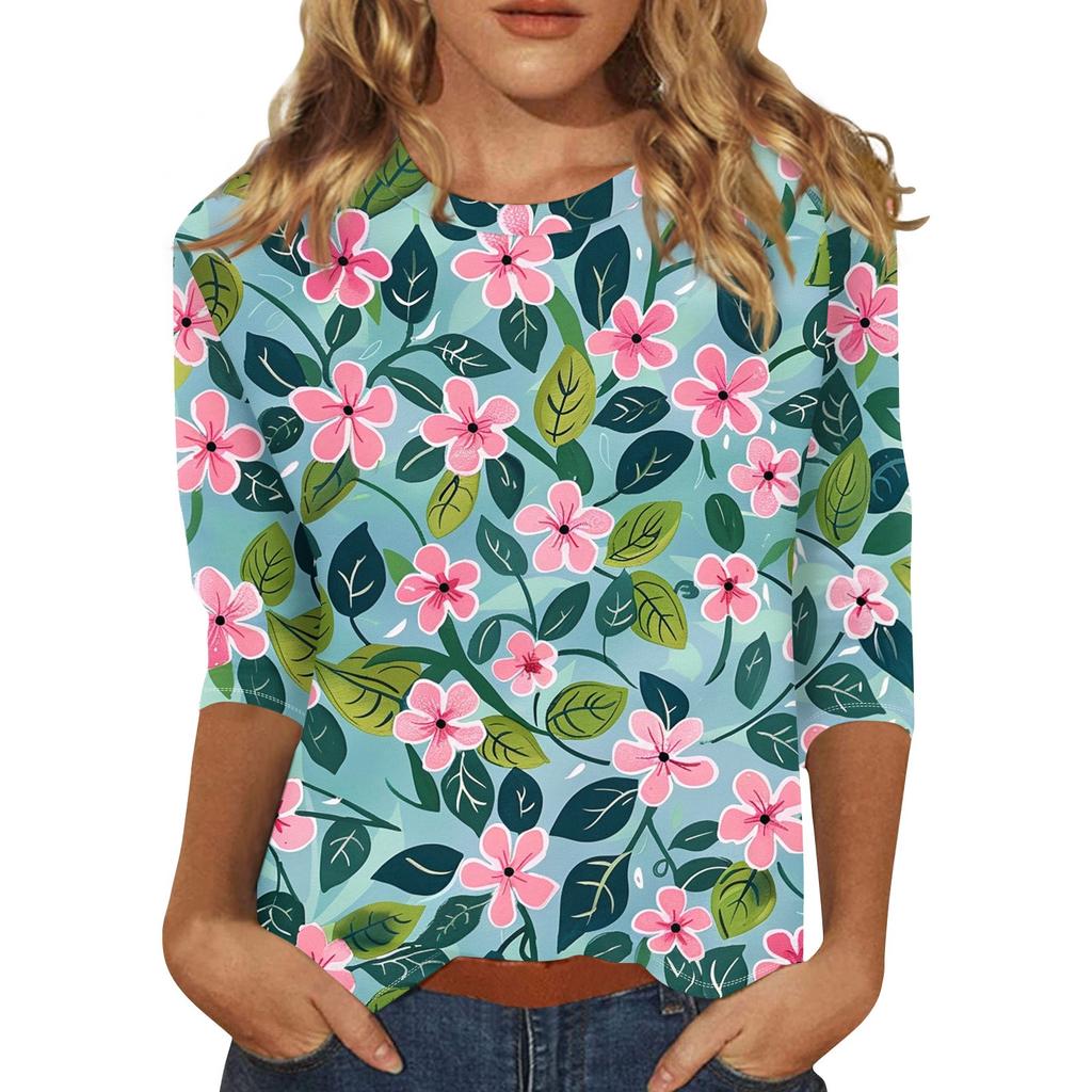 Women's Floral Print Round Neck Top With Three Quarter Sleeves T-Shirt Three Quarter Sleeves T-Shirt