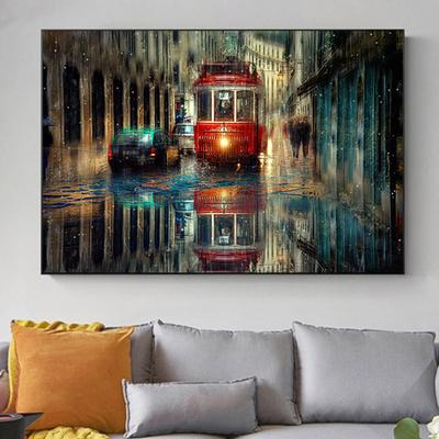 Duży Retro Tram Rain City Street Olej Malarstwo Grafika Grafika Cuadros Płótno Plakat i Wydruk Sztuka Ścienna Obrazy do Salonu