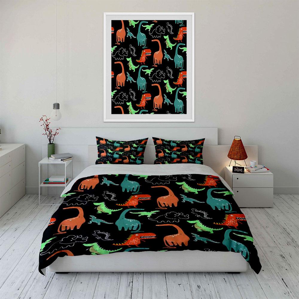 Cartoon Dinosaur Black Background Print Bedding Set 1 Duvet Cover 2 Pillowcases For Adult And Children Luxury Gift Full Size