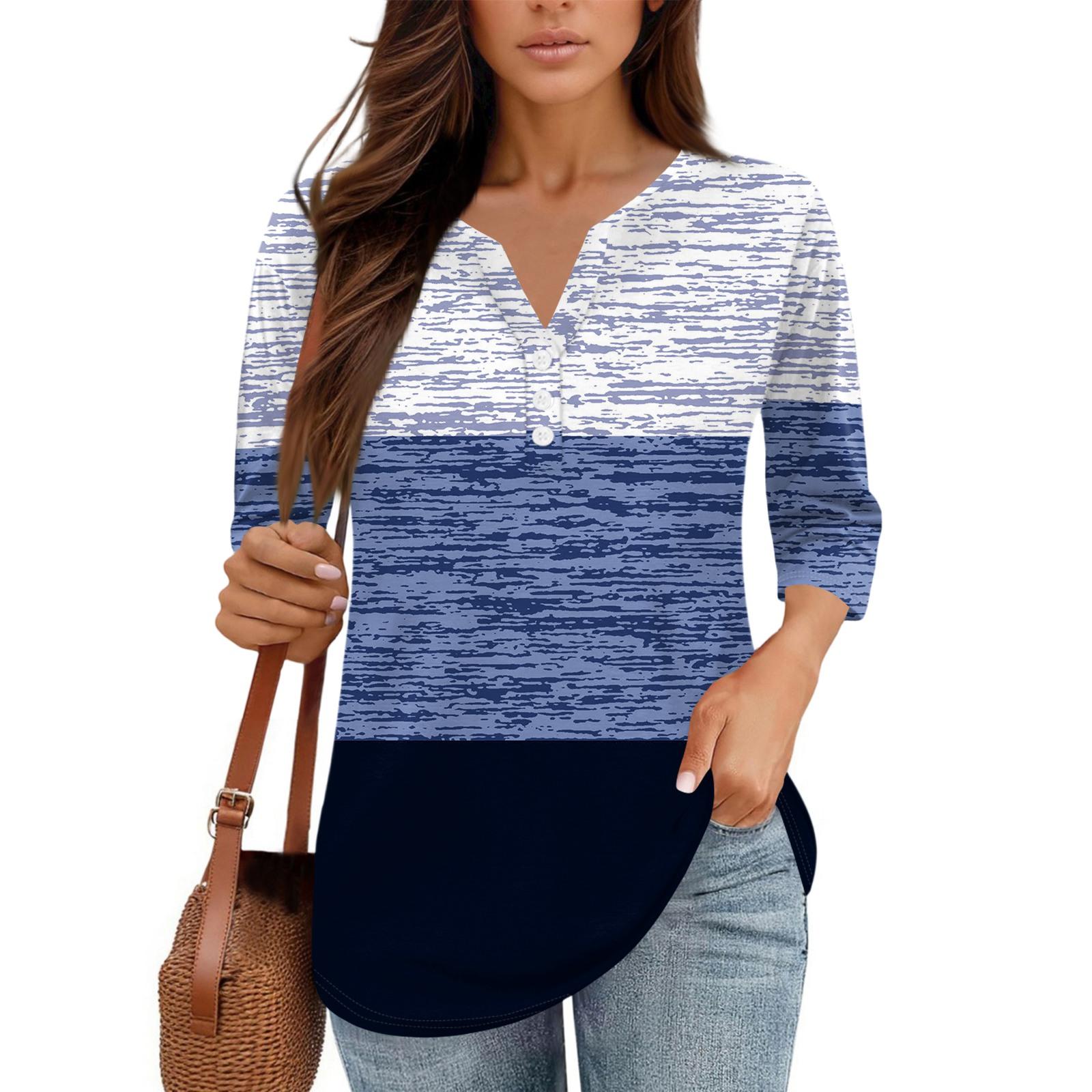 

Women s Floral Print V,Neck Casual Three,Quarter Sleeve Button,Detail Top L синій