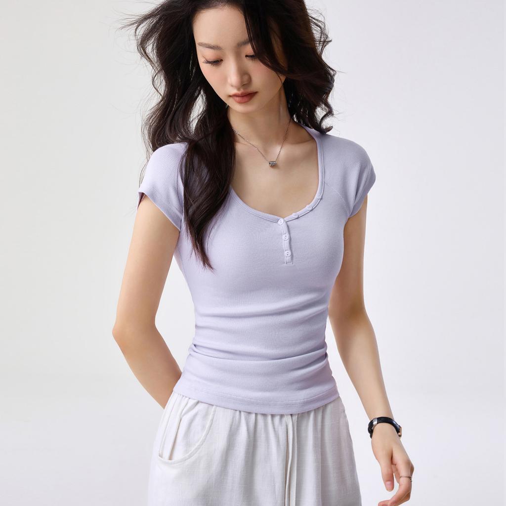 G Youkes, Henry V-neck semi-open button-up short-sleeved T-shirt women's summer fly-sleeved shoulder-plugged slim-fitting top