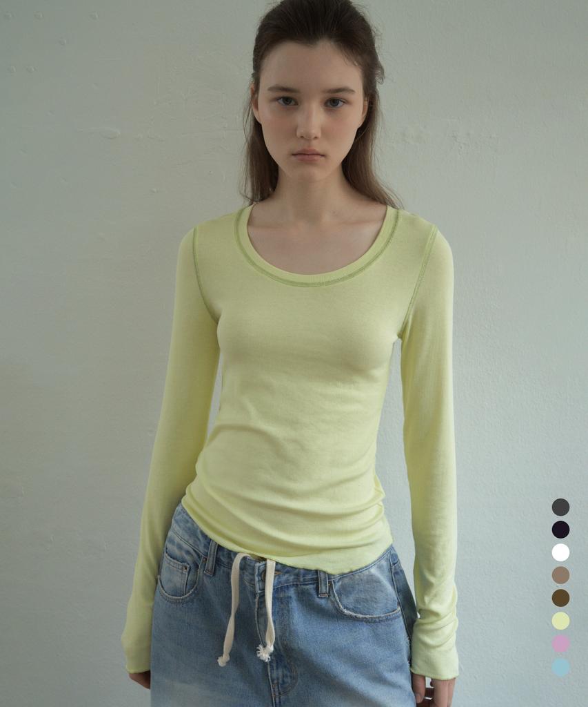 CITTA Contrast Stitch Soft U-Neck Long Sleeve T-Shirt_Ctt393(8Color) (A Type)