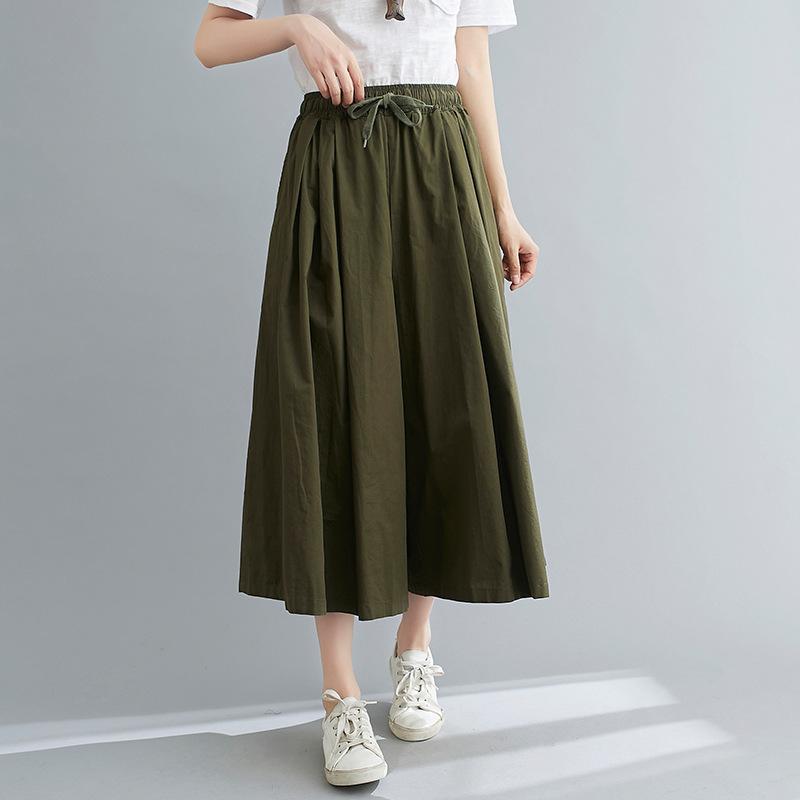 Women's Elastic Drawstring Waist Culottes Wide Leg Cropped Pants Solid Color Polyester Vintage Casual Skort 2026 Spring Summer