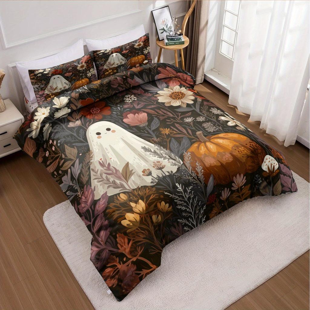 3pcs Halloween Pumpkin Monster Duvet Cover Set Without Core, Quilt Cover with 2 PillowcasesSoft and Machine Washable