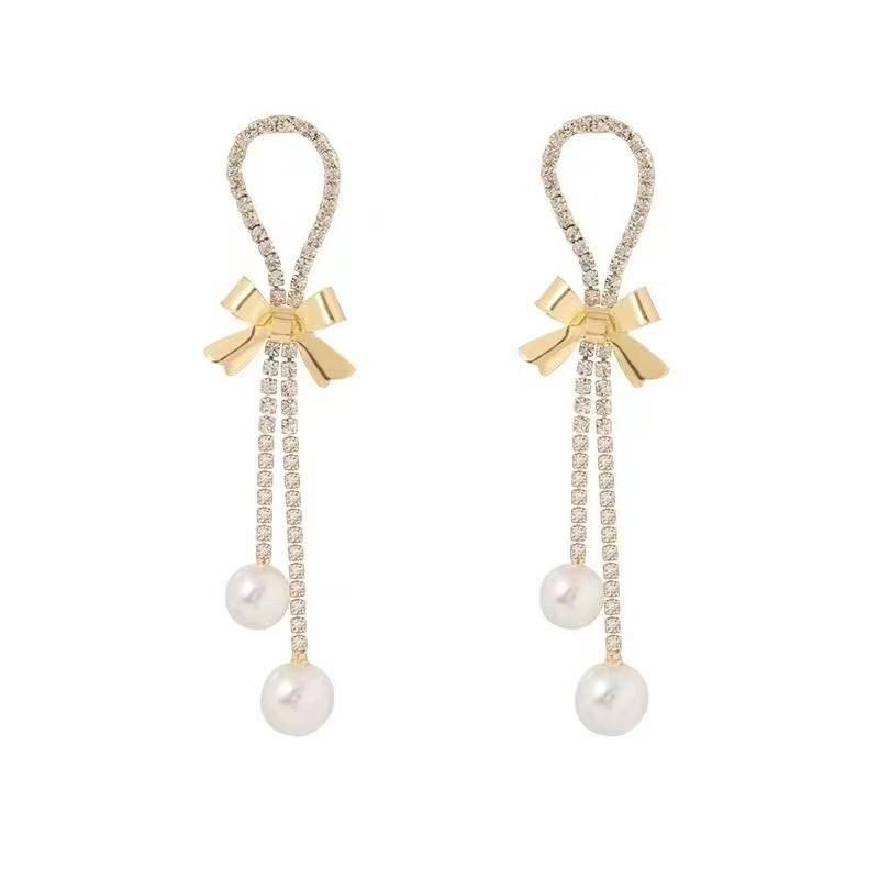 New temperament bow tassel pearl earrings feminine light luxury temperament long earrings earrings
