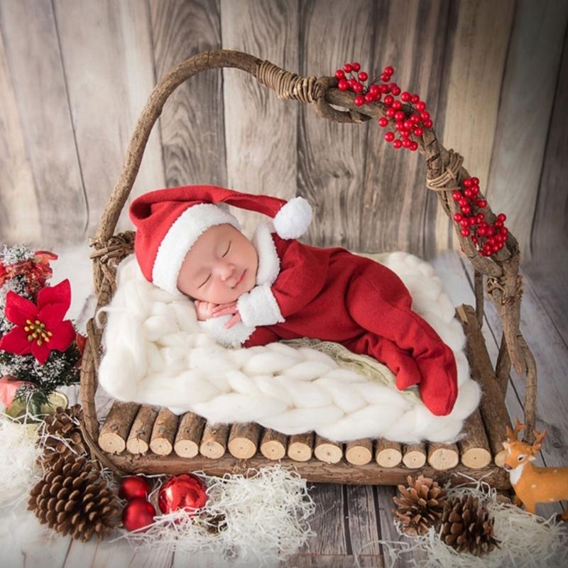 0-1Month Baby Photo Outfit Christmas Jumpsuit Santa Hat Newborn Photography Costume Set Infant Photoshooting Suit 2pcs