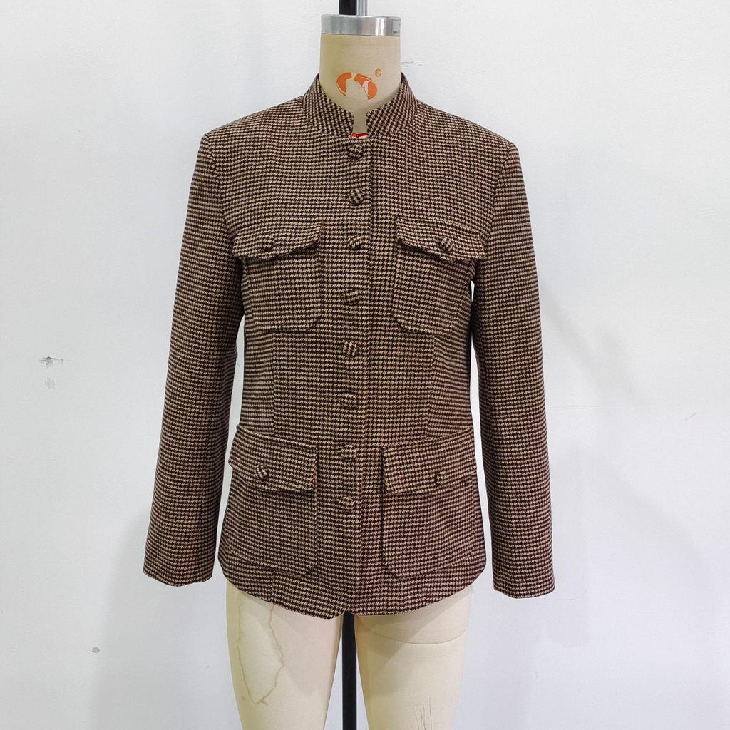 Europäische & Amerikanische Damen Retro Hahnentritt Stehkragen Jacke