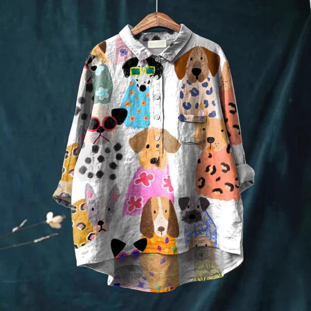 Women's Turn Down Collar Long Sleeve Floral Print Shirt Loose Fit Elegant Casual Blouse