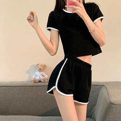 Sportanzug Kurzarm Rundhals Slim Fit T-Shirt Shorts Zweiteiler Sets Damen Mode Kurzer Bauchnabel Crop Top Einfarbig Freizeitanzüge