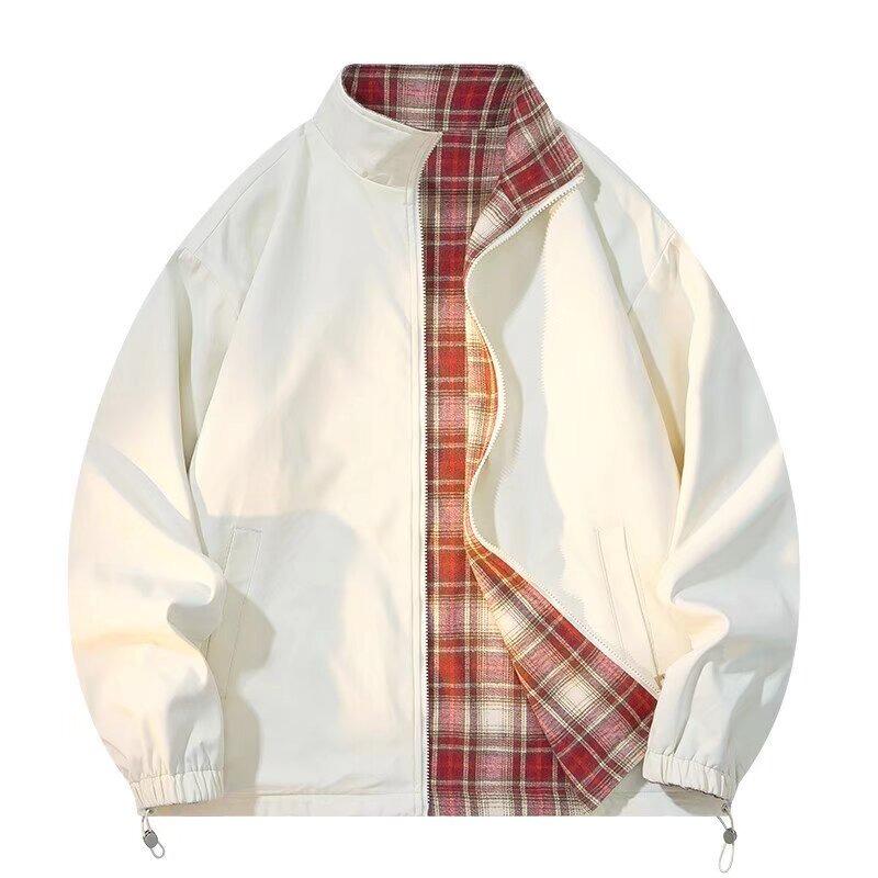 Męska gładka kurtka w kratę z zamkiem i kołnierzem stojącym na 2025 - Uniwersalna, Przystojna warstwa na wiosnę/jesień