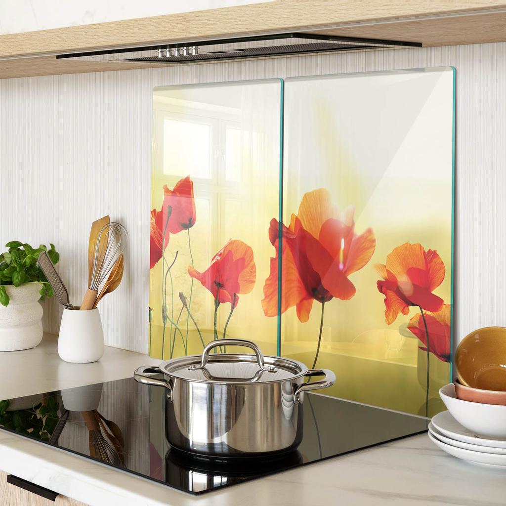 Set of Tempered Glass Kitchen Cutting Boards with Poppy Print 2x30x52 Cm