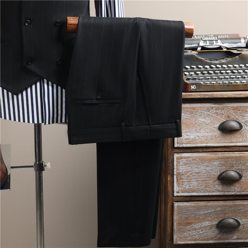 Men's High-End Pinstripe Wool Double-Breasted Three-Piece Suit: Anti-Wrinkle, Formal Groomwear