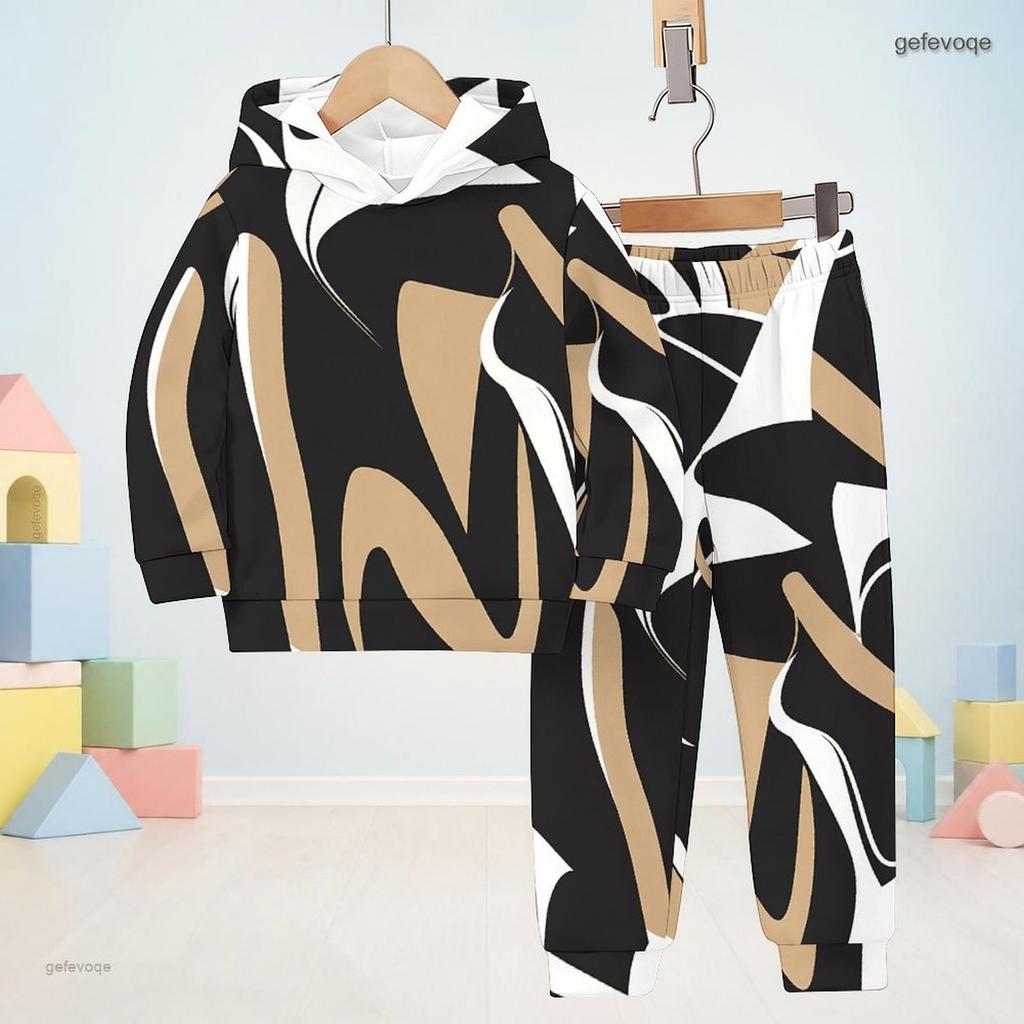 Kids Boys Girls Hooded Long Sleeve Striped Printed Sweatshirt Cuffed Pants Two Piece Set