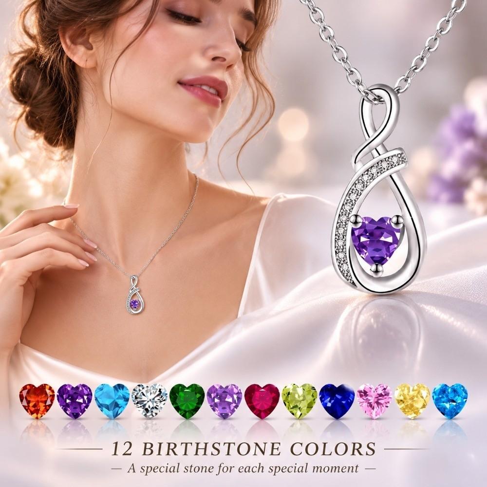 Birthstone Accent Infinity Heart Necklace Zircon Inlay Fashion Necklace Birthday Anniversary Gift