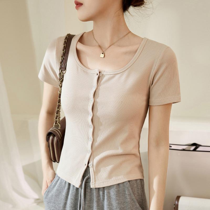 Women's Single Row of Buttons T-shirt Short-sleeved Summer New Threaded Cotton High-waisted Short Tops