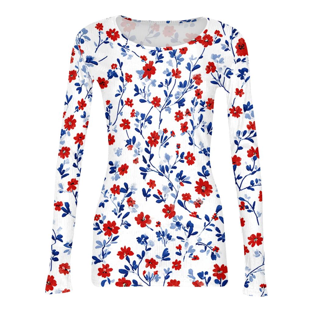 Women’s Casual Long Sleeve Ribbed Crew Neck Top with Floral Print Pullover Lightweight Stretchy Knitwear for Daily Wear