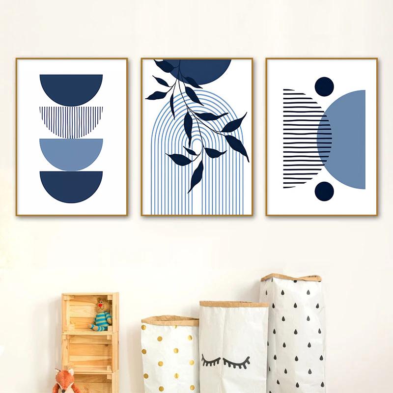 Set of 6 Blue Boho Leaves Canvas Painting Simple Lines Colour Block Nordic Modern Wall Art Home Bedroom Decoration Poster
