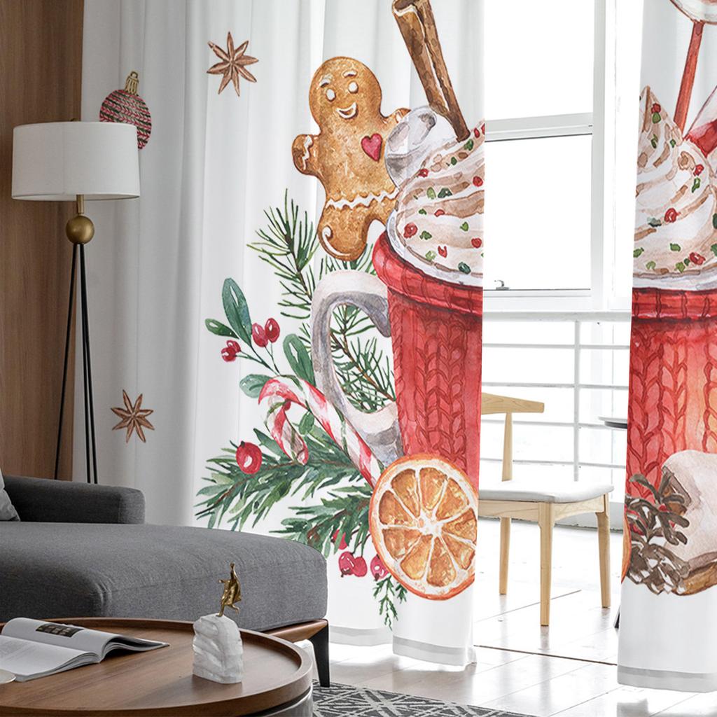 Christmas Poinsettia Gingerbread Man Sheer Curtains Christmas Home Decorations Window Tulle Curtains for Living Room Bedroom