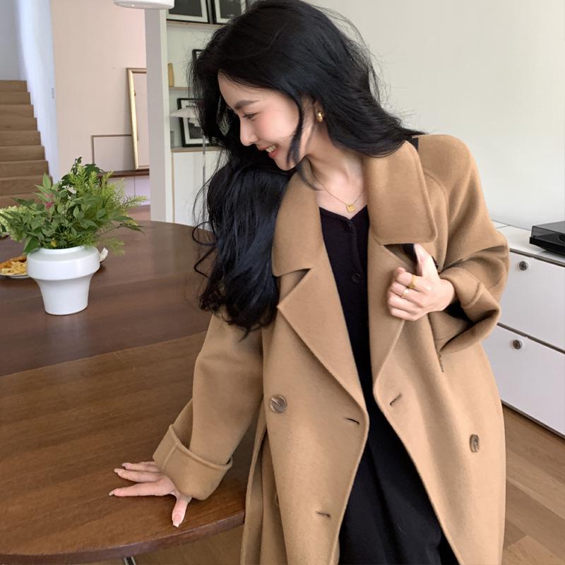 Women's Camel Wool Overcoat - Autumn/Winter High-End Suit with Belt, Petite Fit, Long H-Version, Elegant Temperament, Style 801