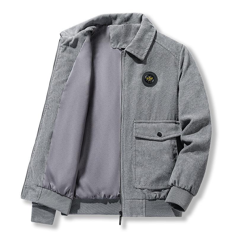 Corduroy Jacket Men's Autumn and Winter Thickened Velvet Casual Lapel Jacket Green and Medium Lamb Velvet Warm Winter Wear