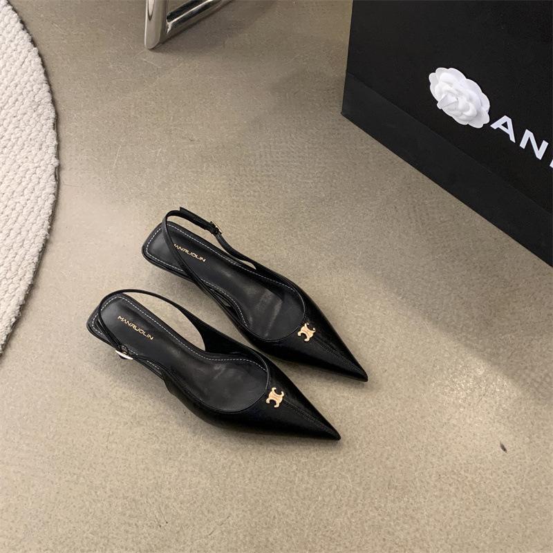 Francouzské černé temperamentní jehlové vysoké podpatky s mašlí sandály vílí boty 2025 nové jaro a léto špičaté lodičky