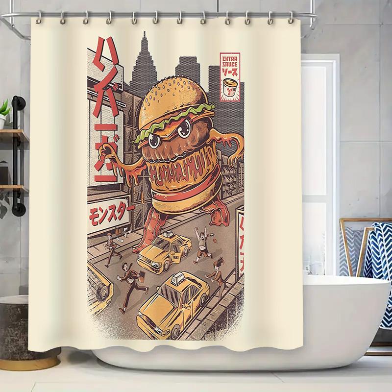 

Burger Horror Movie Shower Curtain Spooky Halloween Decor Gothic Art Bathroom Set Creepy Home Decor Unique Gift Novelty Style W60H190(CM)-1 Pcs
