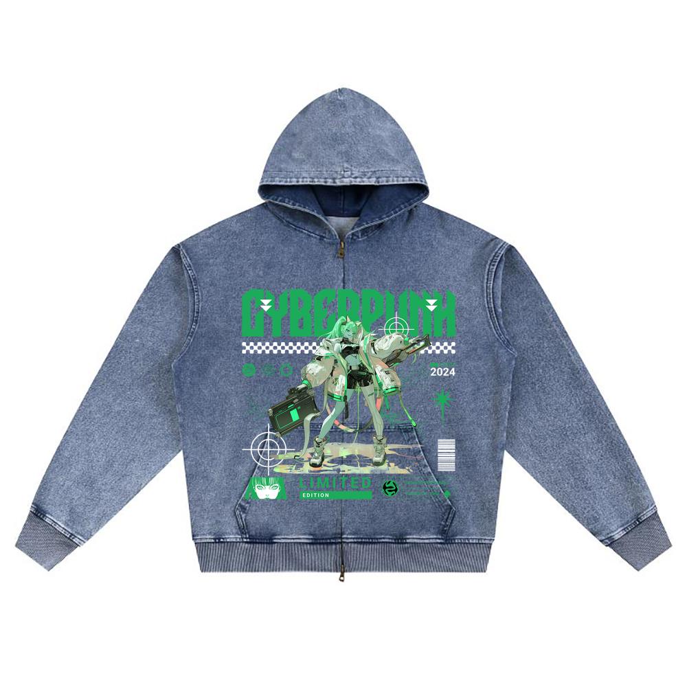 DTG print Knitted Denim Zip-Up Hoodie Cyberpunk Anime Brother Print Zipper Hoodies  