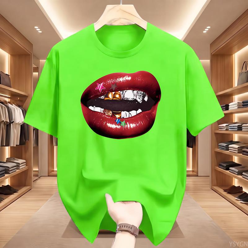 American Personalized Lip Pattern Pure Cotton Printed Unisexs And Unisexs Clothing Summer New Casual Loose Fashion Tshirt