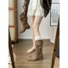 Thick-soled boots, scrap romantic Su hemp rope knight boots, suede thick heel round head medium boots