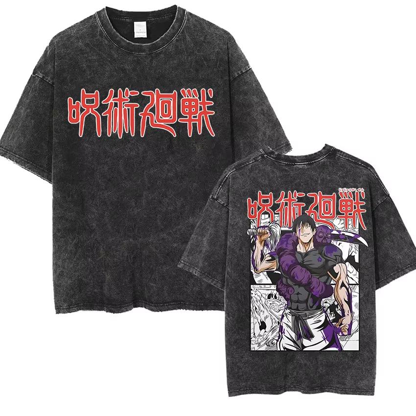 Washed T-Shirt Gojo Satoru Anime Jujutsu Kaisen Harajuku Cotton Retro Men Streetwear Oversized Women Short Sleeves