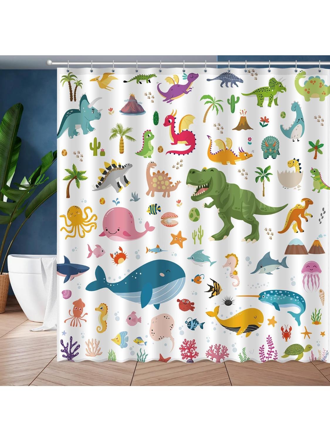 

Kids Bathroom Ocean Shower Curtain, Funny Cartoon Dinosaur And Undersea Whale Shower Curtain Set With 12 Hooks, Home Decor W60H190(CM)-1 Pcs