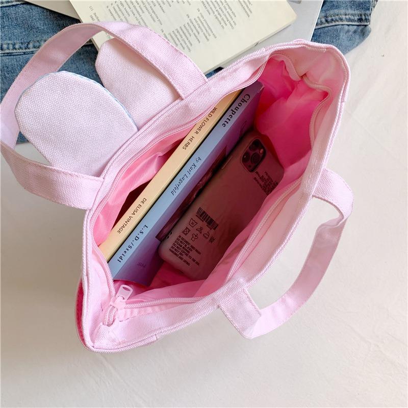 New cute rabbit ears flower canvas embroidered shoulder bag lunch bag portable student bento shoulder bag